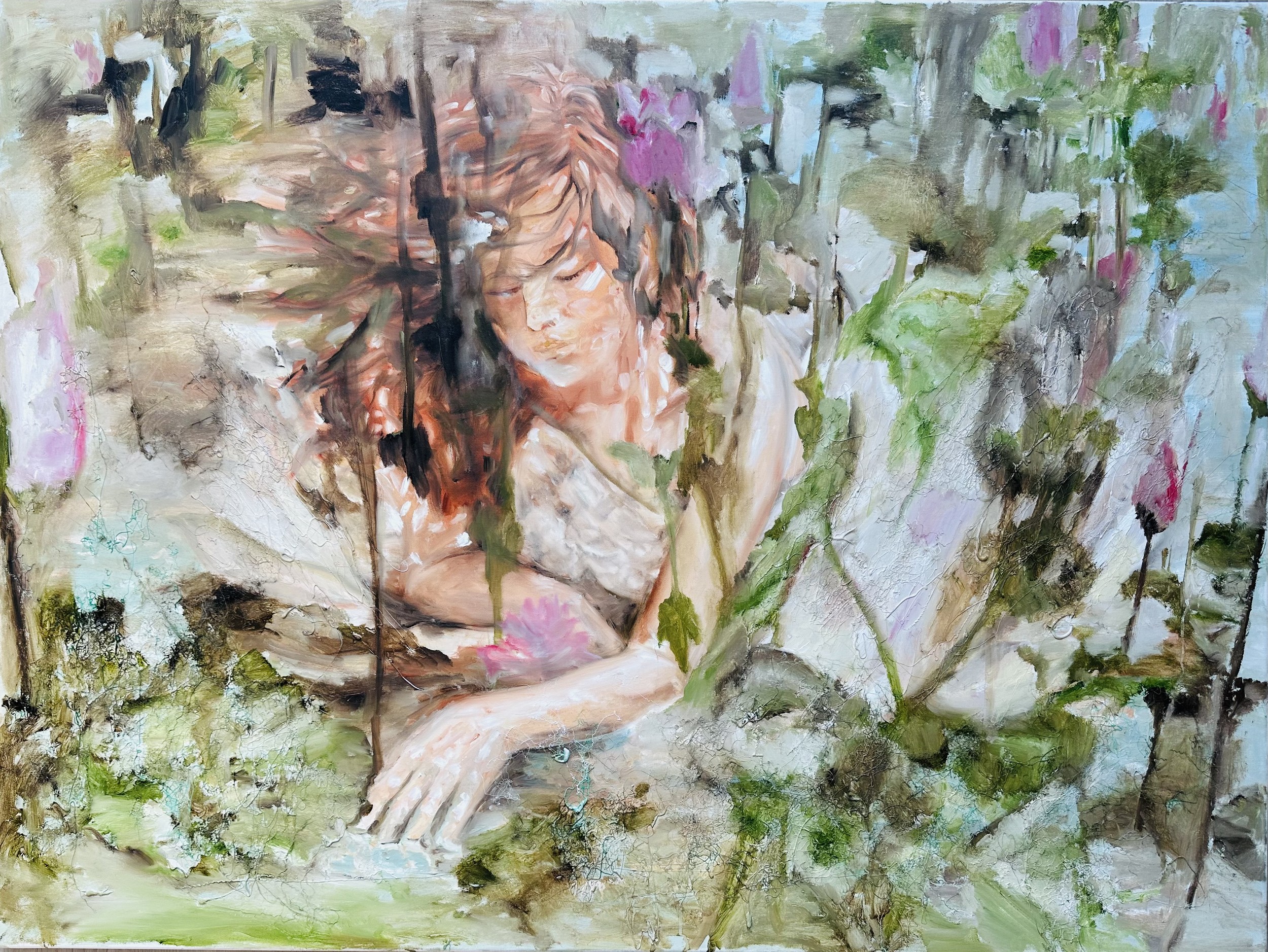 What We Carry, 2026 — oil on canvas by Hadis Bahrami, 35 × 46 in, from the series Between Home and Horizon.